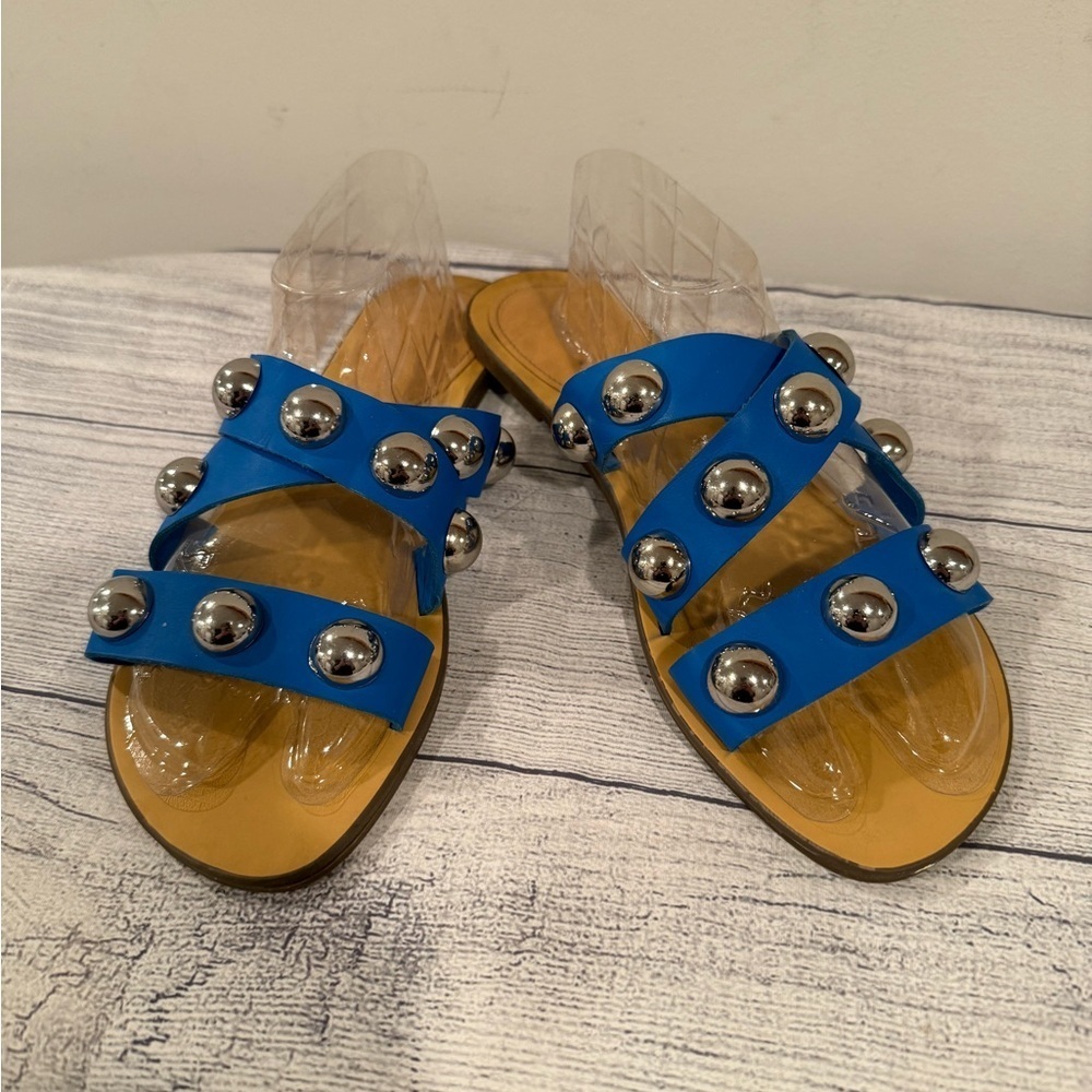 Marc Fisher Blue Studded Slide Sandals Size 8.5 Statement Stud Flats - Picture 7 of 14